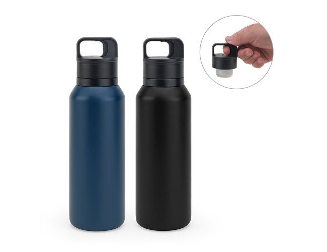 Garrafa em aço 91% inoxidável com parede dupla isolada a vácuo e botão que facilita sua abertura 590 mL