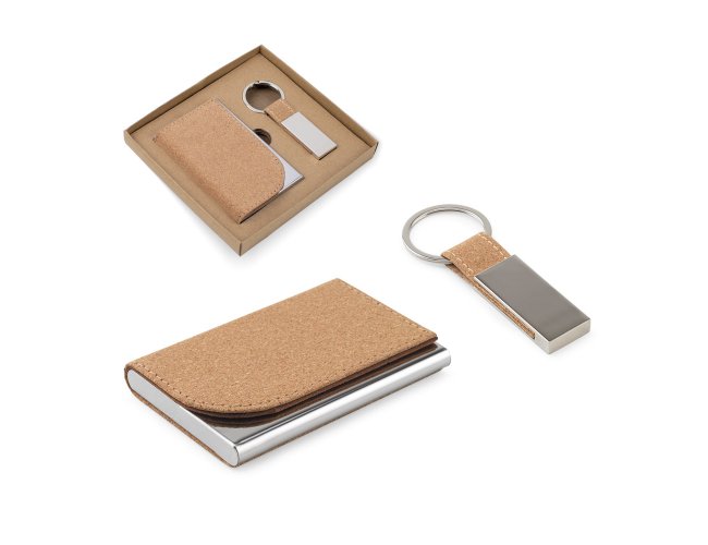 Conjunto composto por um porta-cartões e chaveiro, ambos em metal e cortiça