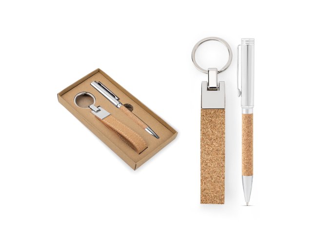 EVANS. Conjunto composto por uma esferogr�fica e chaveiro, ambos em metal e corti�a