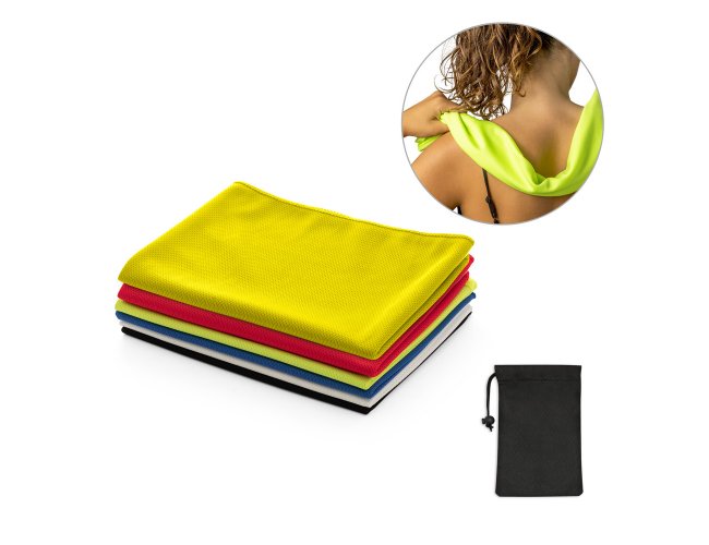 Toalha esportiva refrescante em poliéster 100% reciclado com bolsa em non-woven