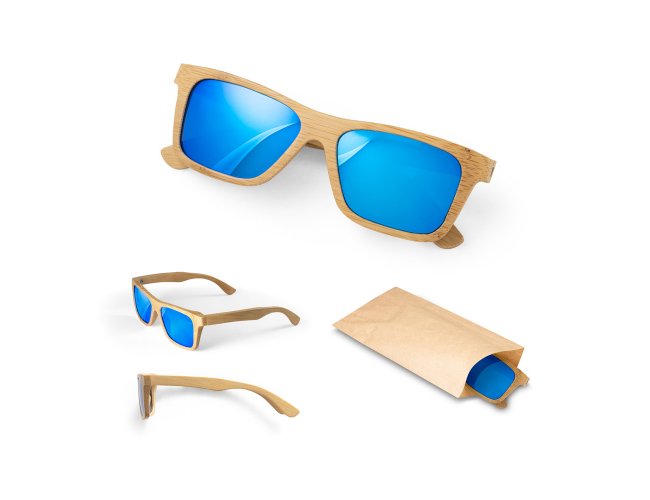 culos de sol em bambu om lentes espelhadas