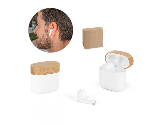 Fones de ouvido wireless em ABS 100% reciclado e bambu com autonomia de 5h