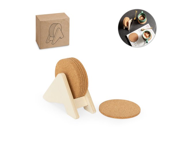 Porta copos em madeira com 6 bases para copos em cortiça